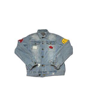 Brooklyn MFG Co Denim Jacket Embroidered, Stenciled Patches No Bad Vibes Mens M